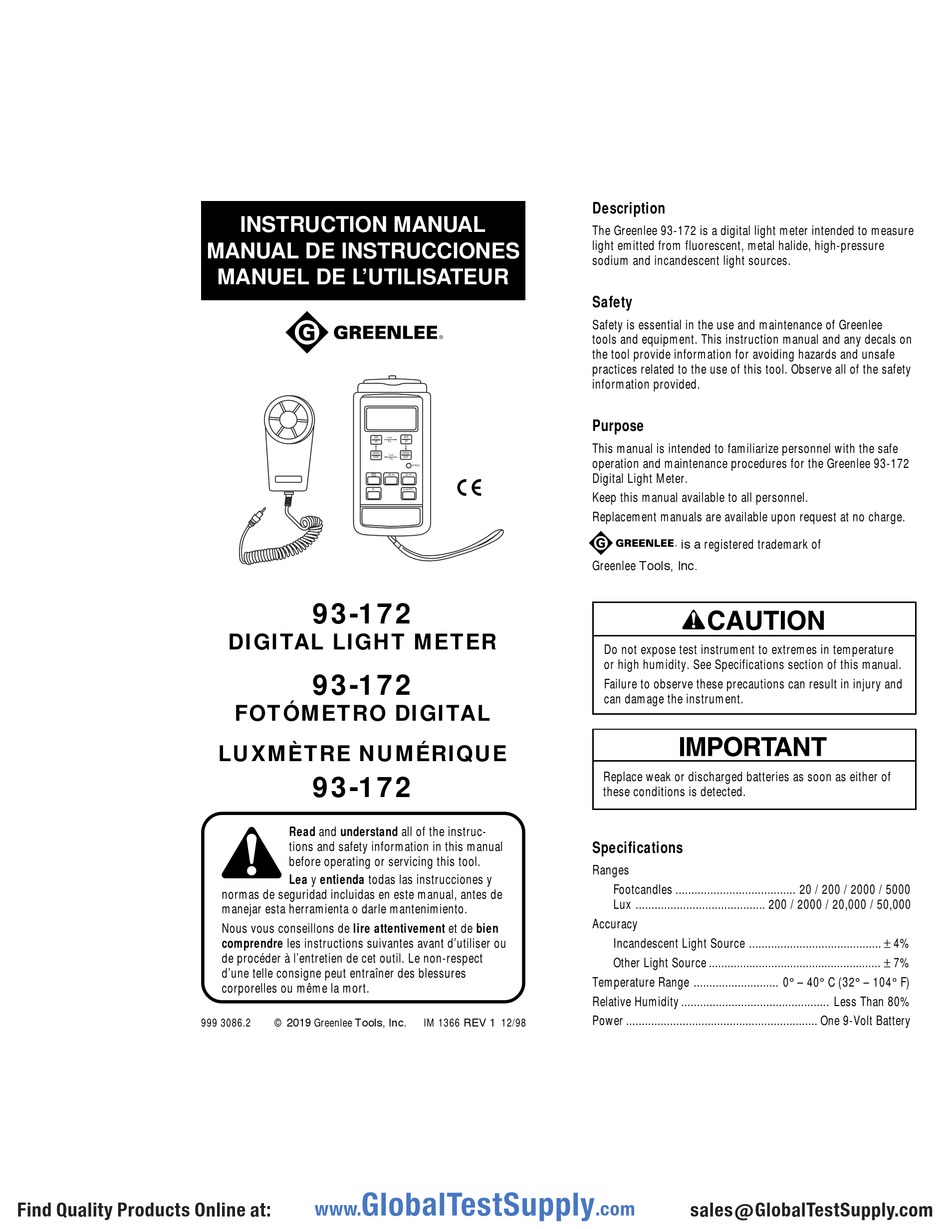 GREENLEE 93172 INSTRUCTION MANUAL Pdf Download ManualsLib