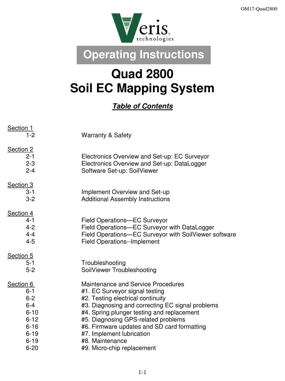 VERIS QUAD 2800 SOIL EC MAPPING SYSTEM OPERATING INSTRUCTIONS MANUAL