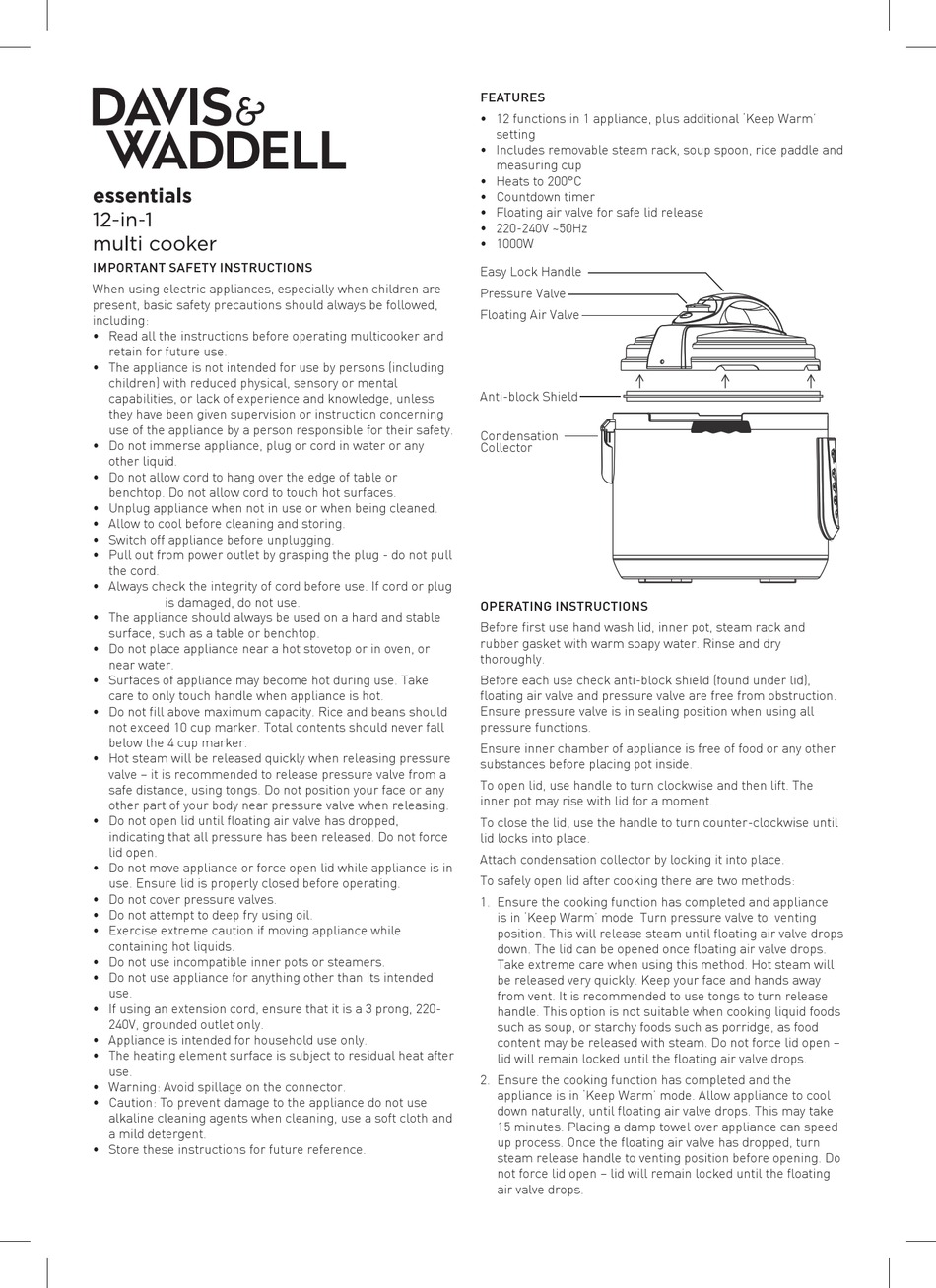 DAVIS & WADDELL ESSENTIALS 12IN1 MULTI COOKER MANUAL Pdf Download