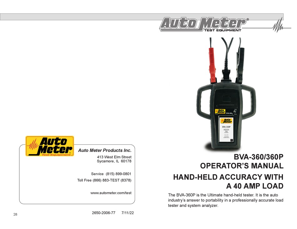 BVA-360; HAND-HELD BATTERY & ELECTRICAL SYSTEM TESTER
