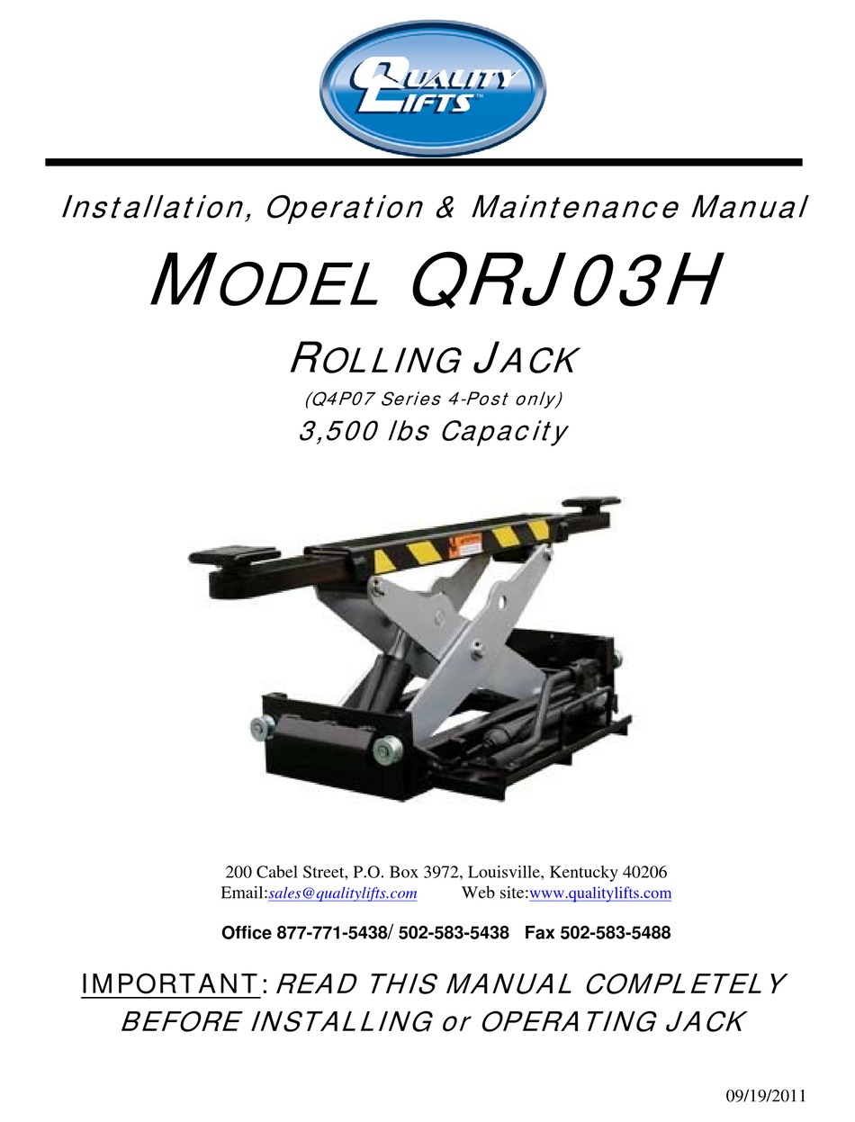 QUALITY LIFTS QRJ03H INSTALLATION, OPERATION & MAINTENANCE MANUAL Pdf