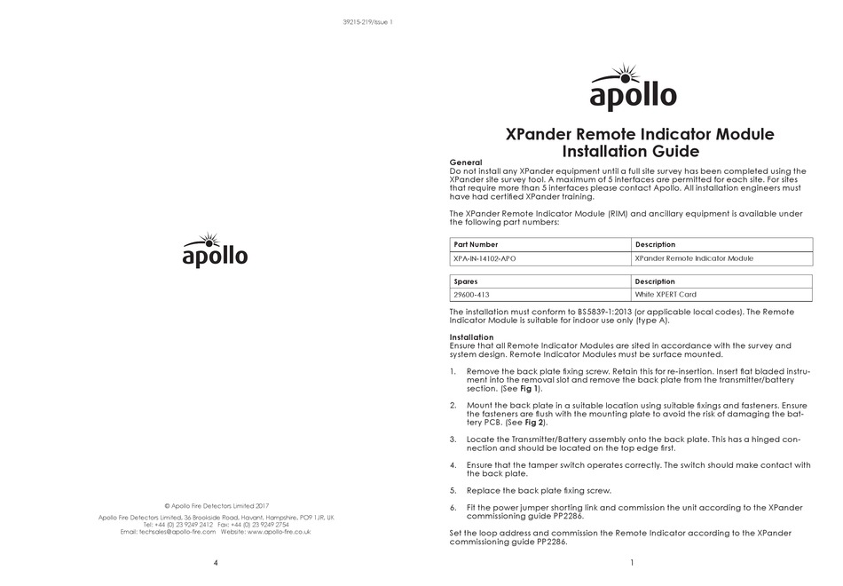 APOLLO XPANDER XPAIN14102APO INSTALLATION MANUAL Pdf Download