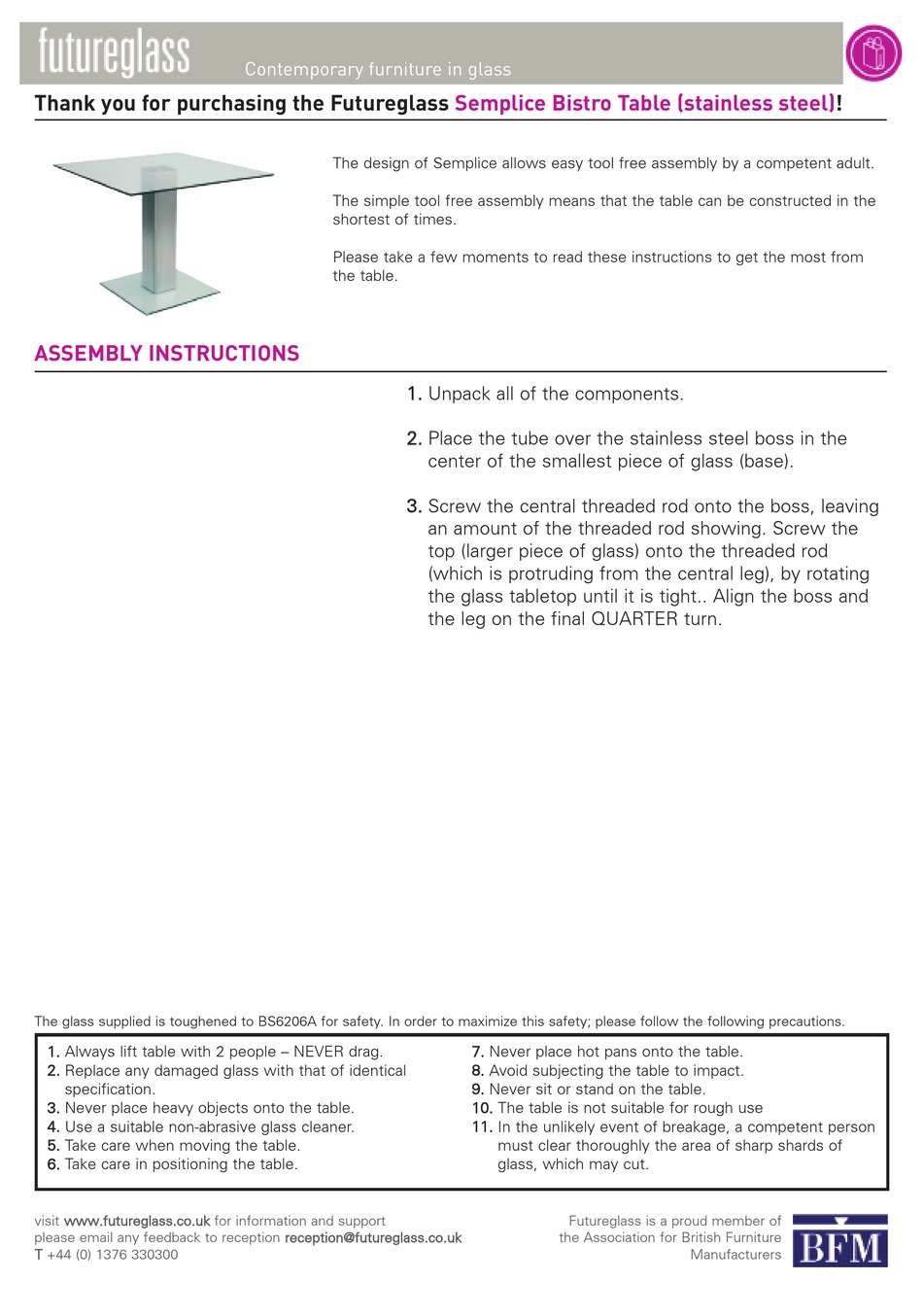 FUTUREGLASS SEMPLICE BISTRO TABLE ASSEMBLY INSTRUCTIONS Pdf Download
