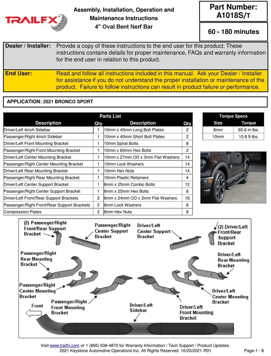 TRAILFX A1018S/T ASSEMBLY, INSTALLATION, OPERATION AND MAINTENANCE
