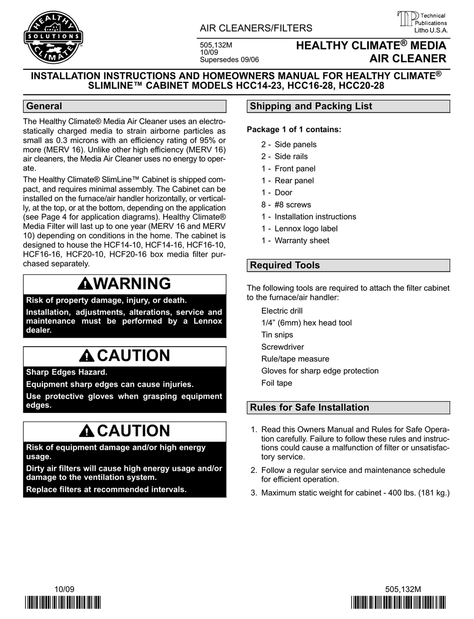 HEALTHY CLIMATE SOLUTIONS SLIMLINE HCC1423 INSTALLATION INSTRUCTIONS