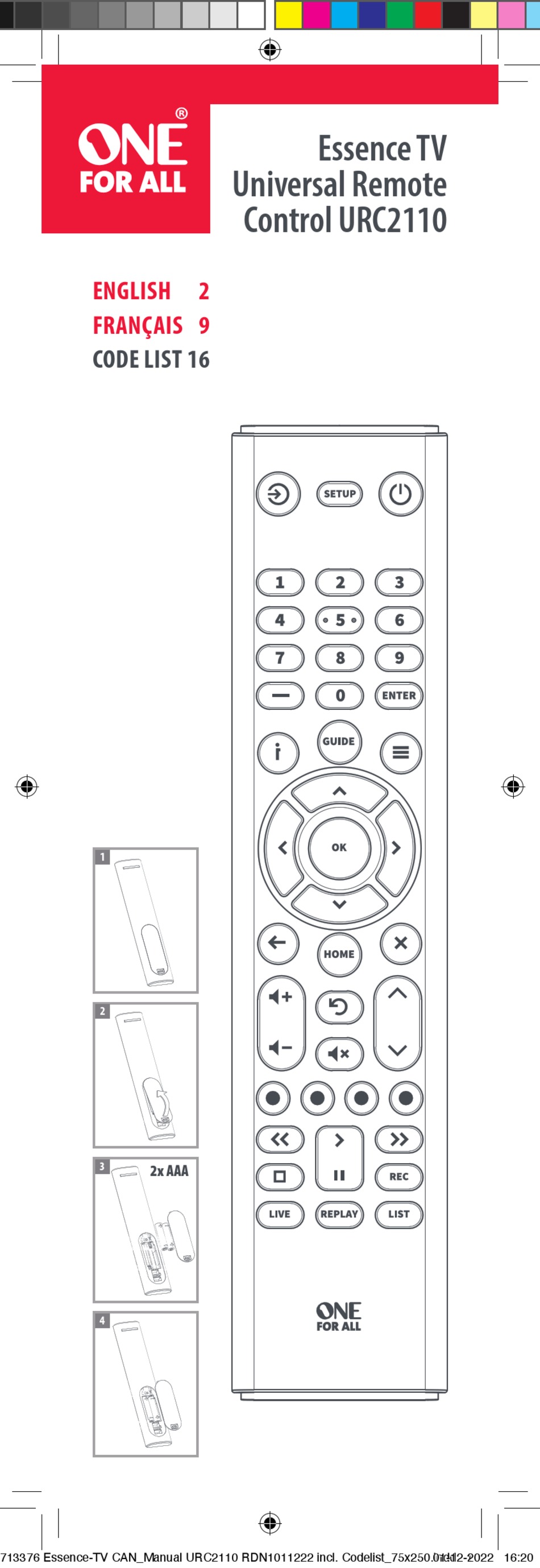 ONE FOR ALL URC2110 MANUAL Pdf Download ManualsLib