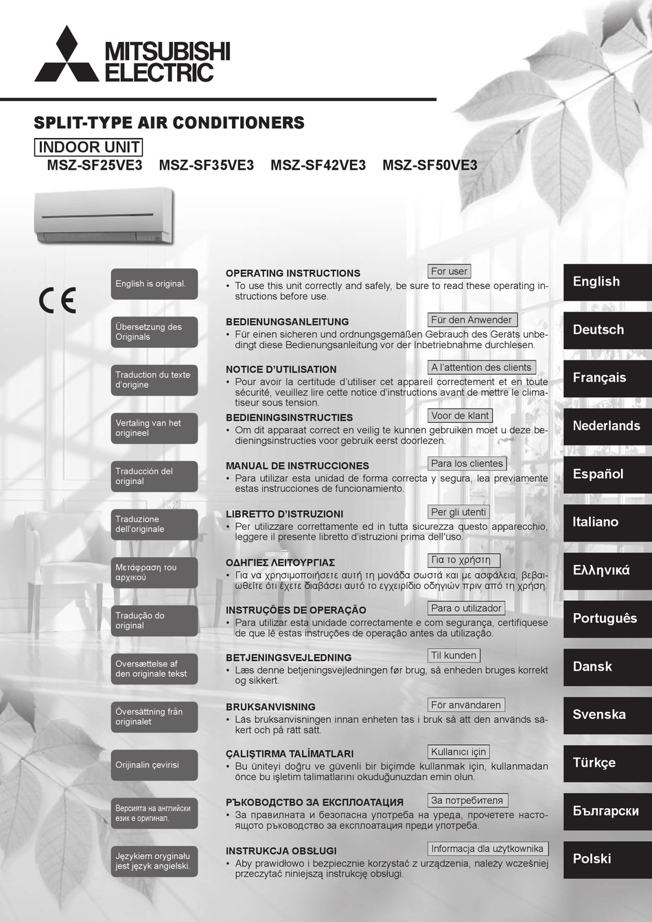 Mitsubishi Electric Msz Sf Ve Operating Instructions Manual Pdf Download Manualslib