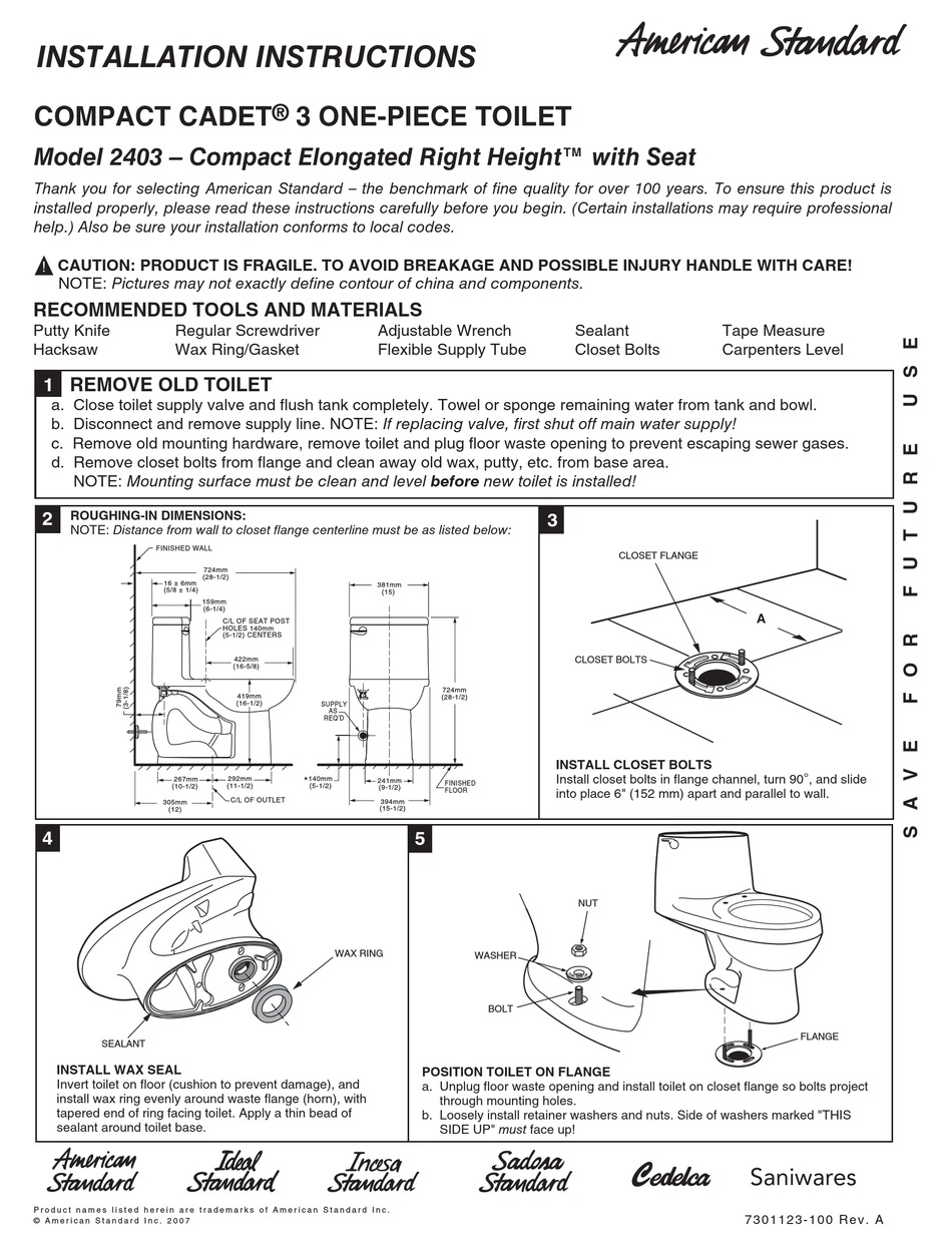 AMERICAN STANDARD COMPACT CADET 3 INSTALLATION INSTRUCTIONS Pdf