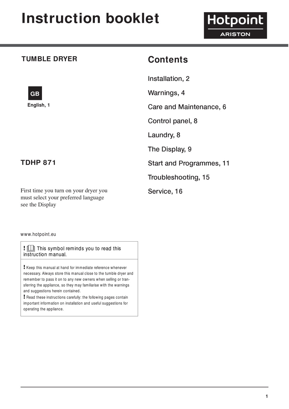 HOTPOINT ARISTON TDHP 871 INSTRUCTION BOOKLET Pdf Download | ManualsLib