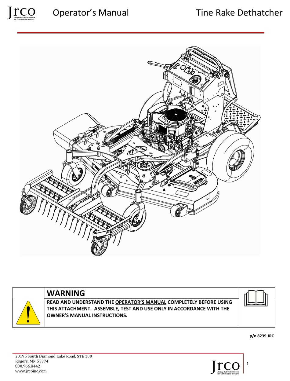 JRCO TINE RAKE DETHATCHER OPERATOR'S MANUAL Pdf Download ManualsLib