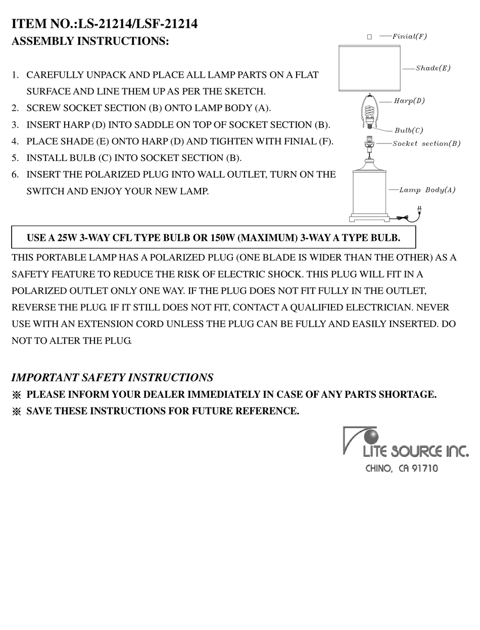LITE SOURCE LS-21214 ASSEMBLY INSTRUCTIONS Pdf Download | ManualsLib