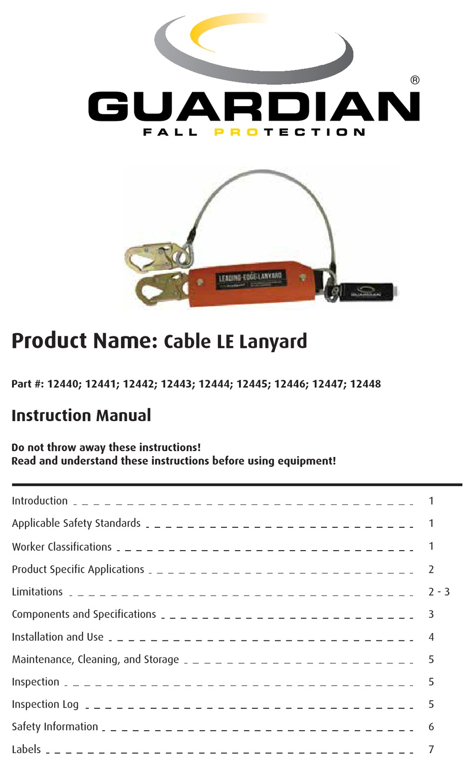 GUARDIAN FALL PROTECTION CABLE LE LANYARD INSTRUCTION MANUAL Pdf