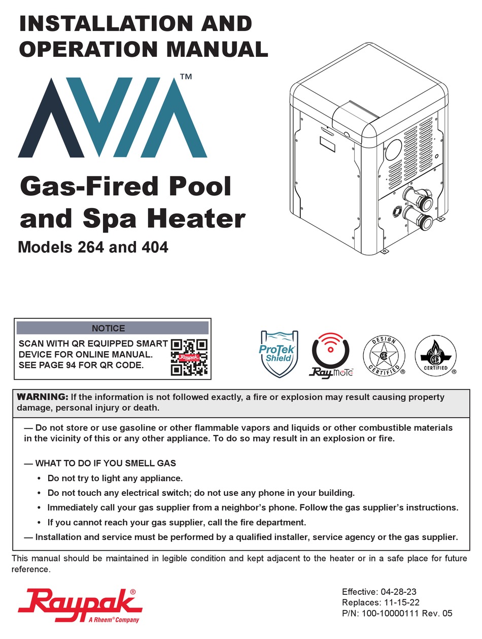 RHEEM RAYPAK AVIA 264 INSTALLATION AND OPERATION MANUAL Pdf Download