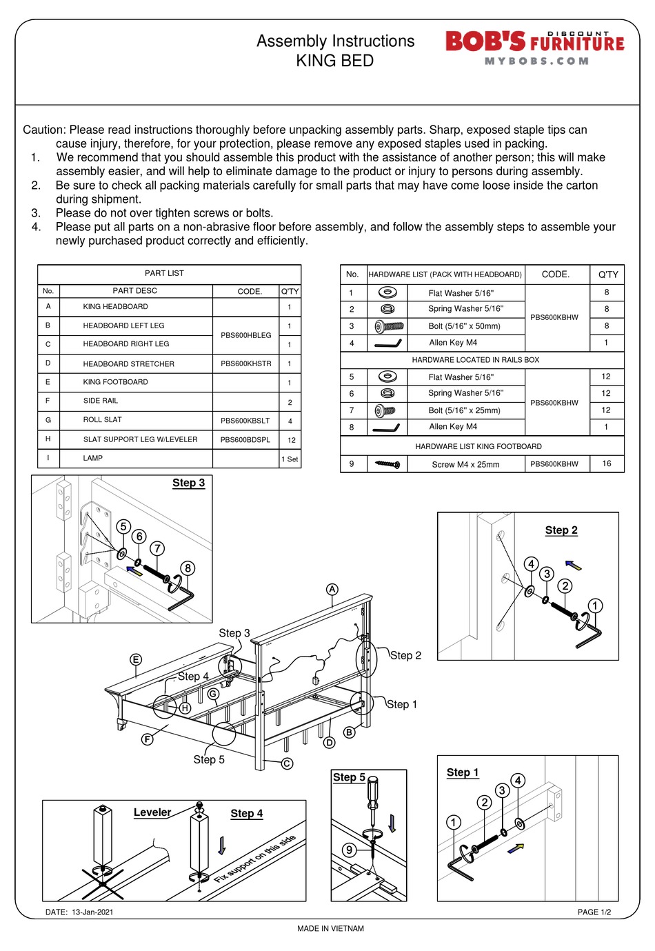 BOB'S FURNITURE CHARLESTON KING BED 20069854 ASSEMBLY INSTRUCTIONS Pdf
