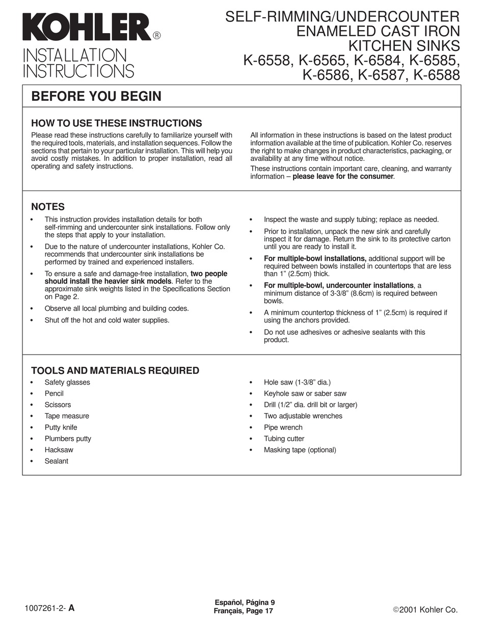 KOHLER K6558 INSTALLATION INSTRUCTIONS MANUAL Pdf Download ManualsLib