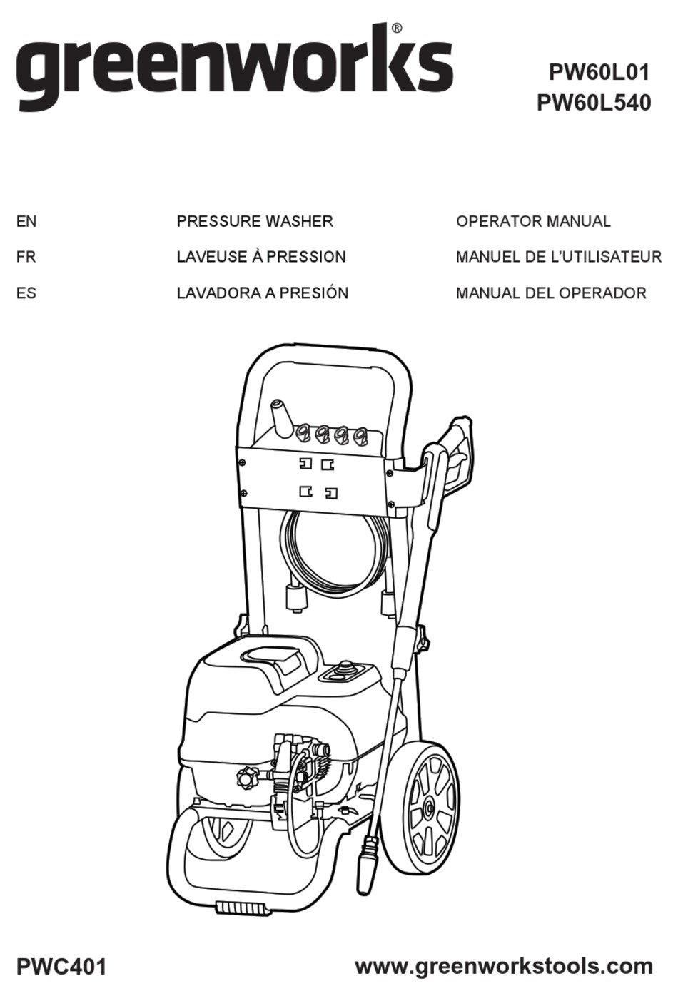GREENWORKS PW60L01 OPERATOR