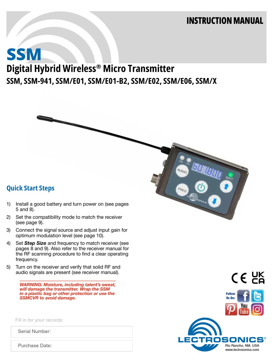 LECTROSONICS DIGITAL HYBRID WIRELESS SSM INSTRUCTION MANUAL Pdf ...