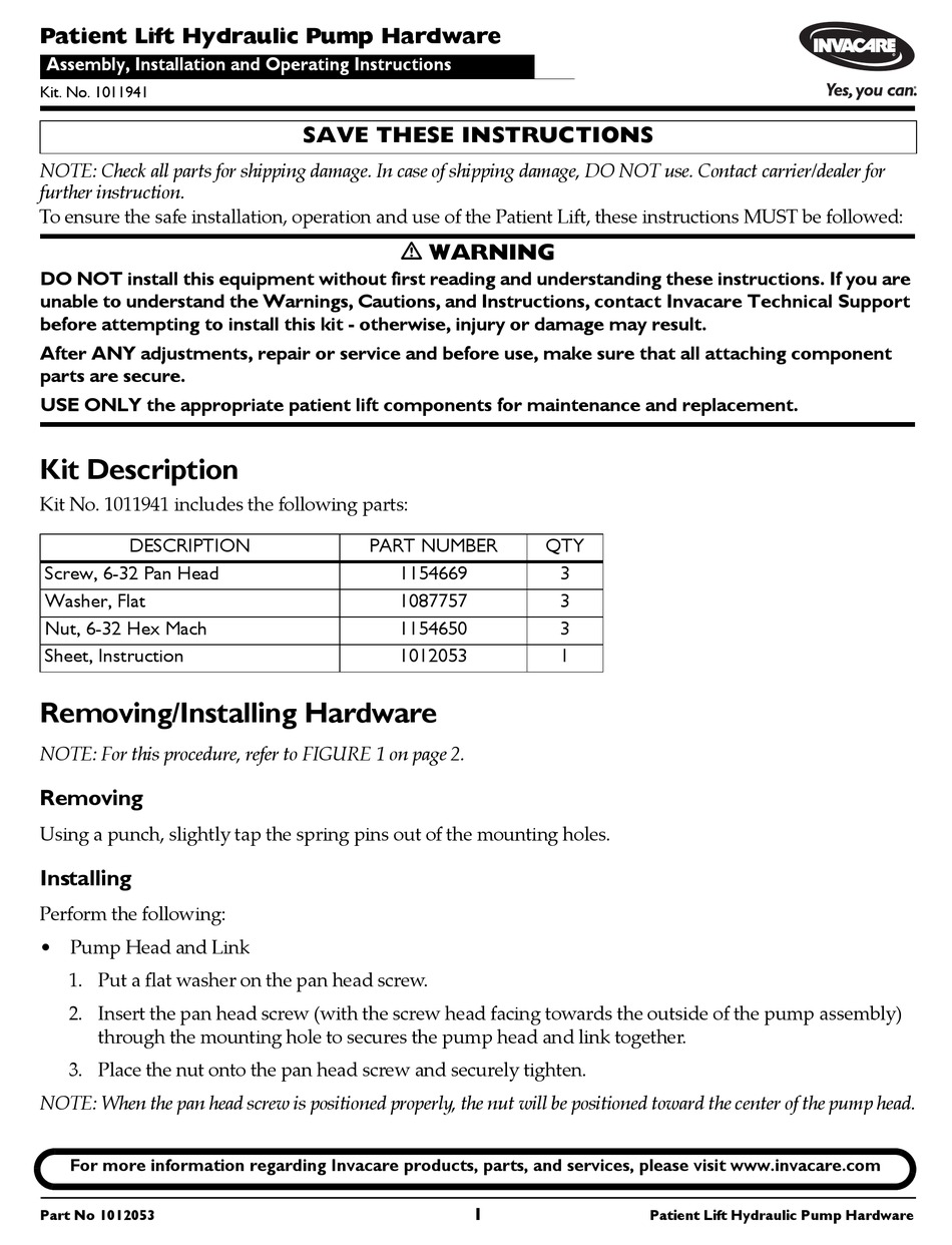 INVACARE 1011941 ASSEMBLY, INSTALLATION AND OPERATING INSTRUCTIONS Pdf