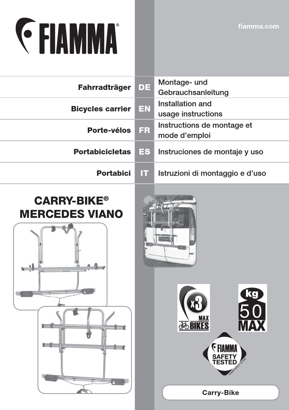 FIAMMA CARRY-BIKE MERCEDES VIANO INSTALLATION AND USAGE INSTRUCTIONS ...