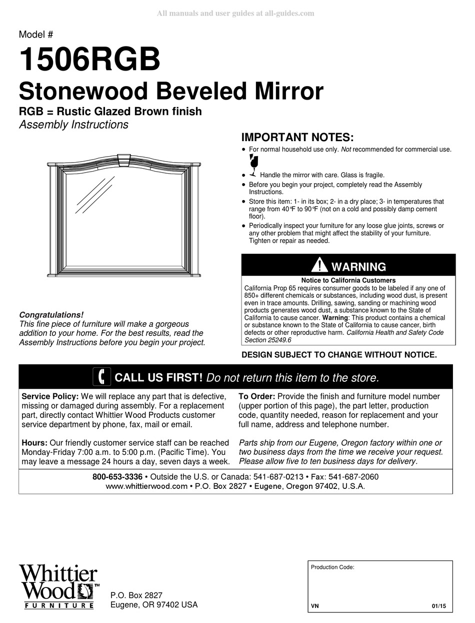 WHITTIER WOOD FURNITURE 1506RGB ASSEMBLY INSTRUCTIONS Pdf Download