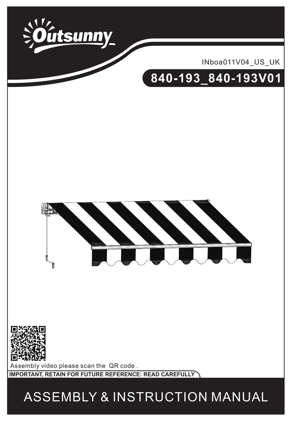 OUTSUNNY 840193 840193V01 ASSEMBLY & INSTRUCTION MANUAL Pdf Download