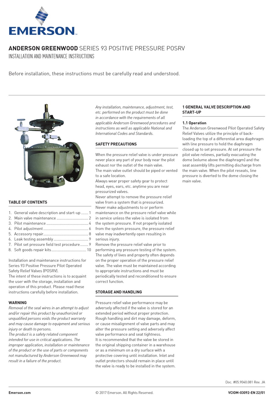 EMERSON ANDERSON GREENWOOD 93 SERIES INSTALLATION AND MAINTENANCE