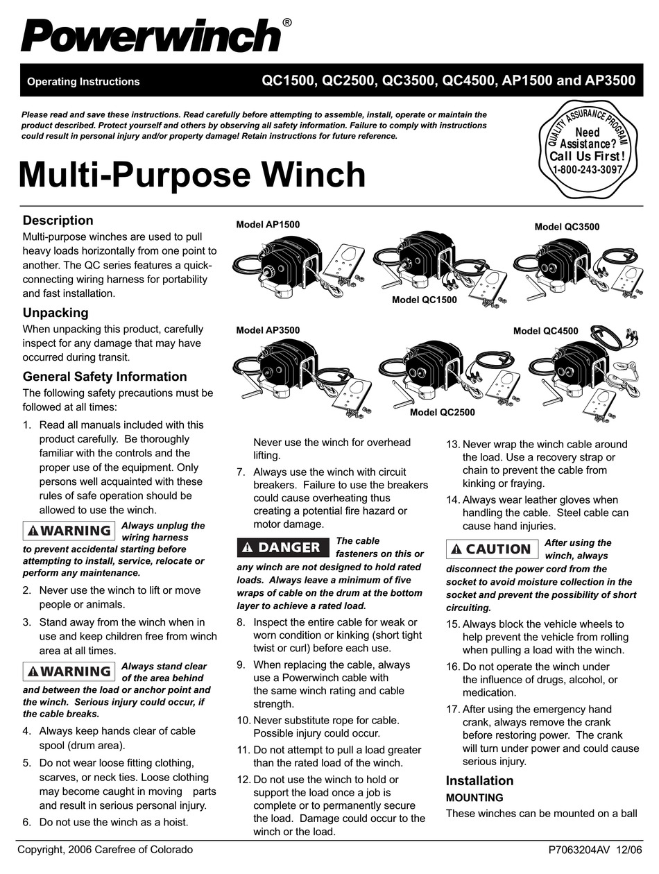 POWERWINCH QC1500 OPERATING INSTRUCTIONS MANUAL Pdf Download ManualsLib