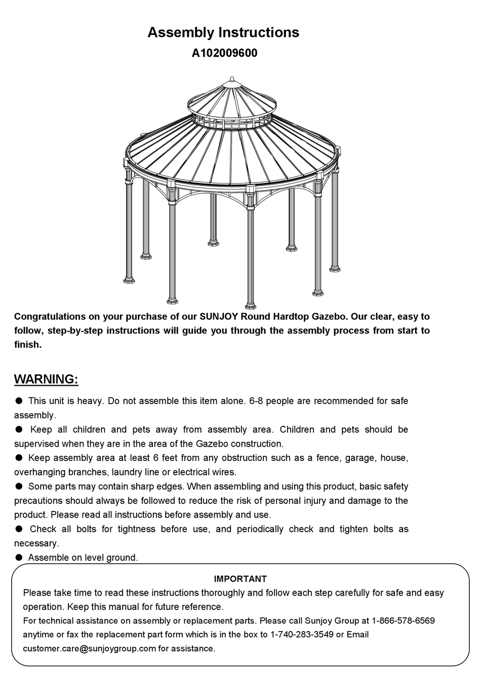 SUNJOY A102009600 ASSEMBLY INSTRUCTIONS MANUAL Pdf Download ManualsLib