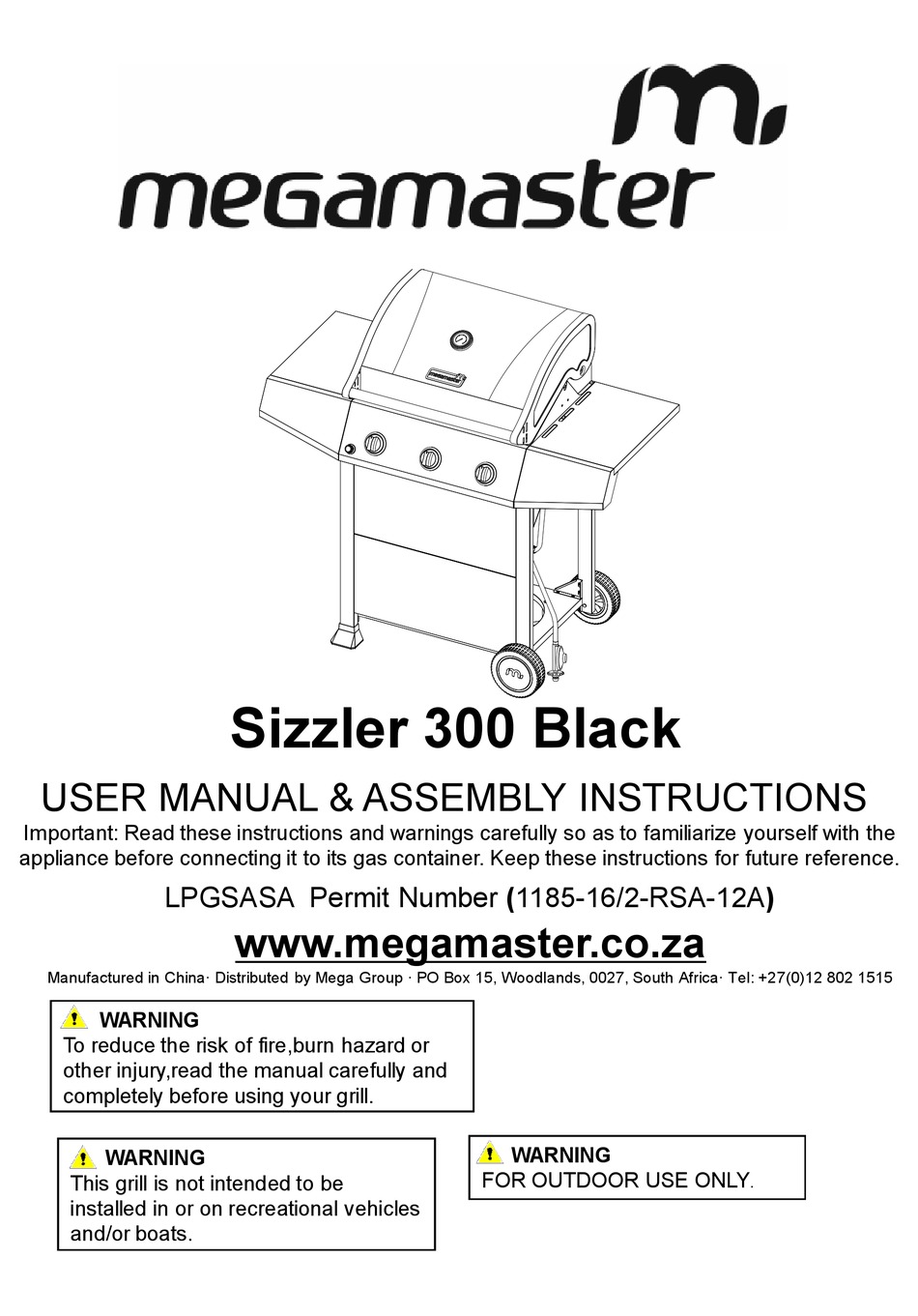 MEGAMASTER SIZZLER 300 BLACK USER MANUAL & ASSEMBLY INSTRUCTIONS Pdf