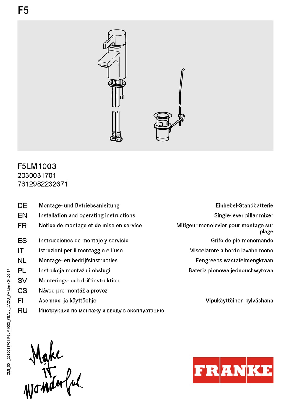 FRANKE F5 F5LM1003 INSTALLATION AND OPERATING INSTRUCTIONS MANUAL Pdf ...