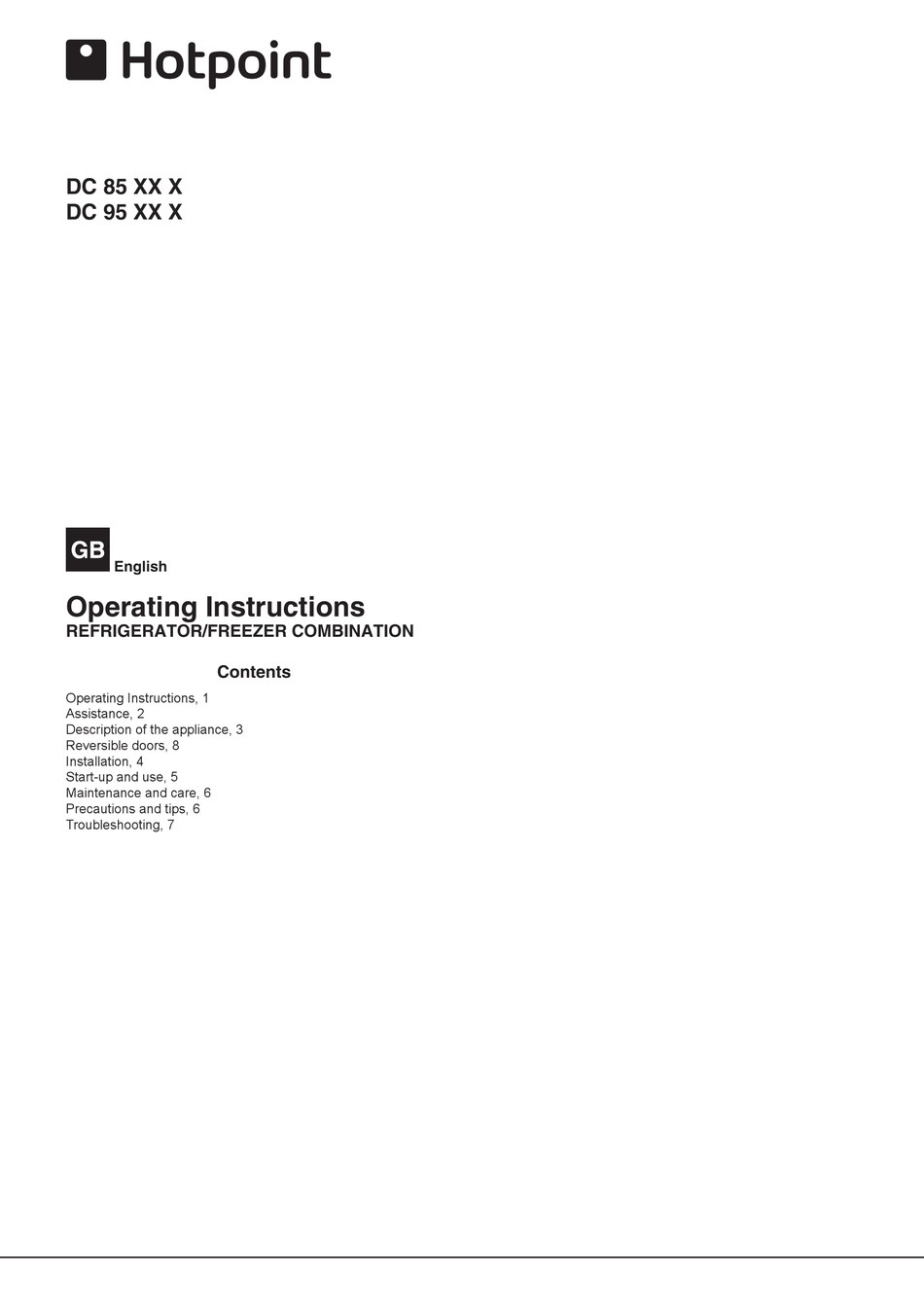 HOTPOINT DC 85 SERIES OPERATING INSTRUCTIONS MANUAL Pdf Download ...