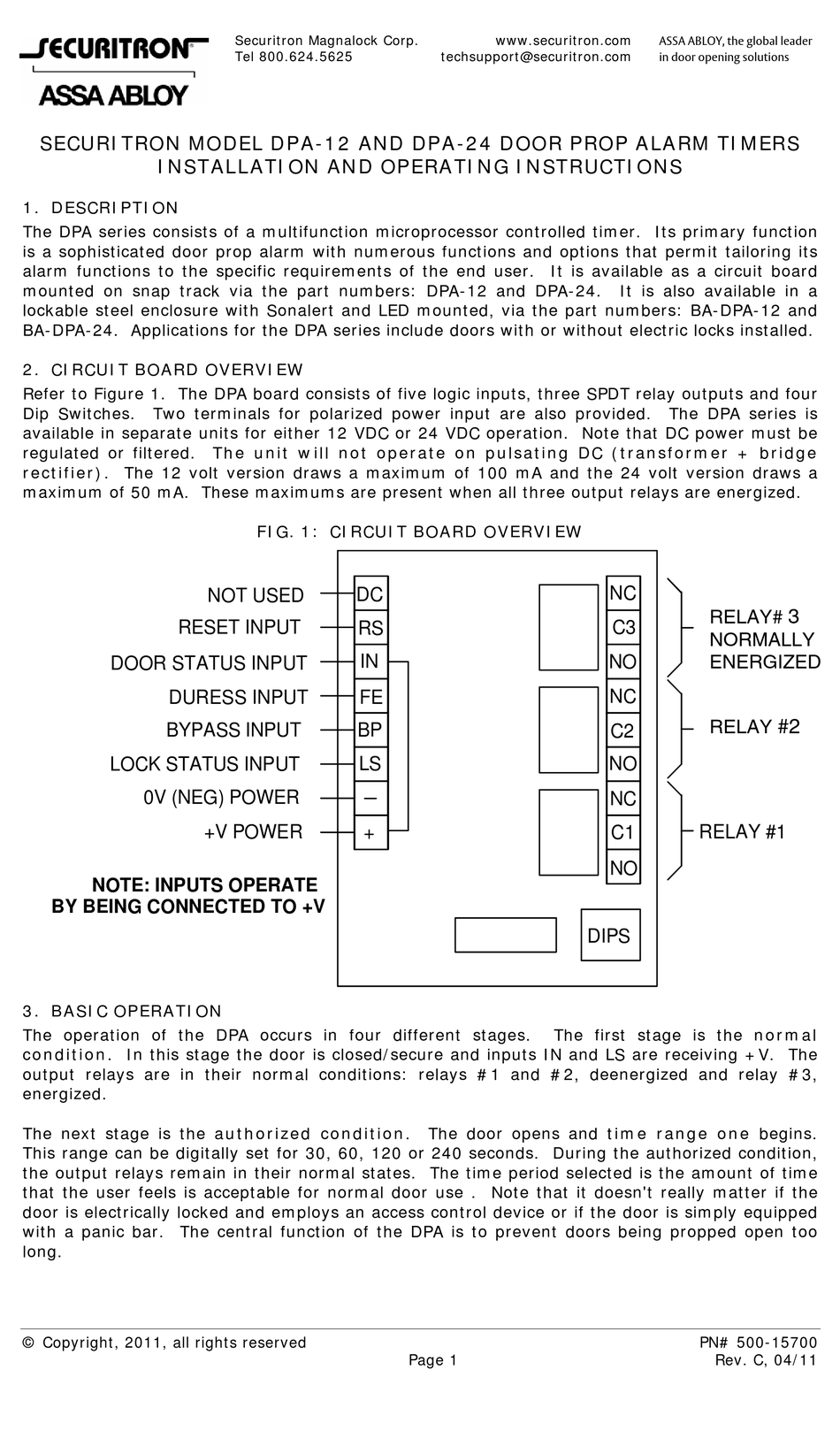 ASSA ABLOY SECURITRON DPA-12 INSTALLATION AND OPERATING INSTRUCTIONS ...