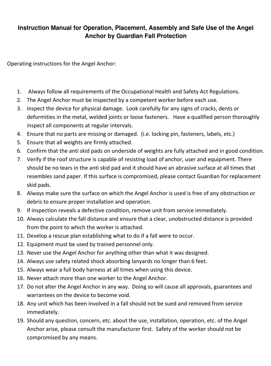 GUARDIAN FALL PROTECTION ANGEL ANCHOR INSTRUCTION MANUAL Pdf Download