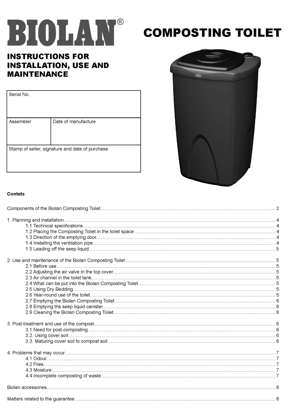 BIOLAN COMPOSTING TOILET INSTRUCTIONS FOR INSTALLATION, USE AND