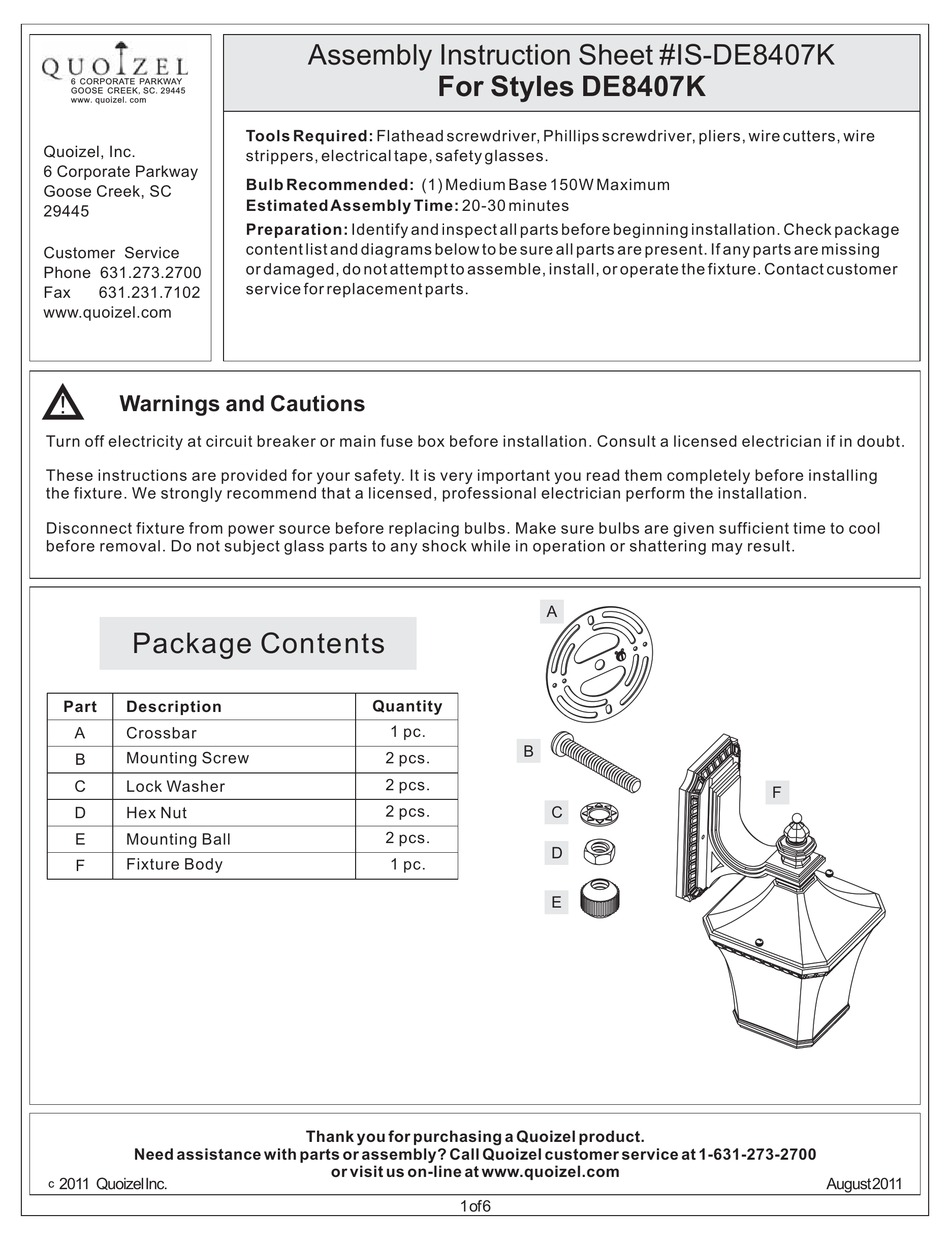 QUOIZEL DE8407K ASSEMBLY INSTRUCTION SHEET Pdf Download | ManualsLib