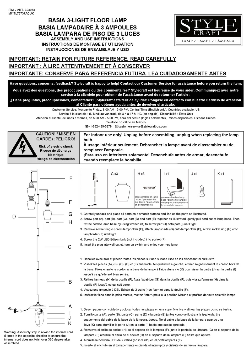 STYLE CRAFT BASIA TL73737ACUK ASSEMBLY AND USE INSTRUCTIONS Pdf Download ManualsLib
