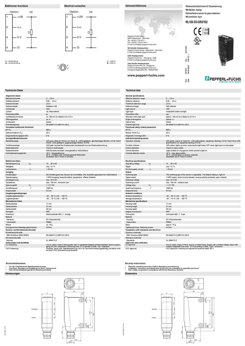 PEPPERL+FUCHS ML100-55-G/95/102 QUICK START MANUAL Pdf Download ...