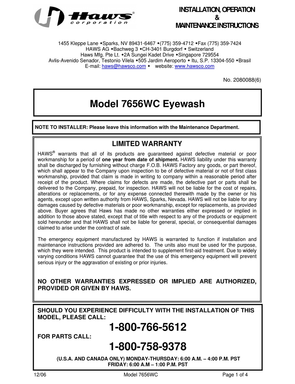 HAWS 7656WC EYEWASH INSTALLATION, OPERATION & MAINTENANCE INSTRUCTIONS