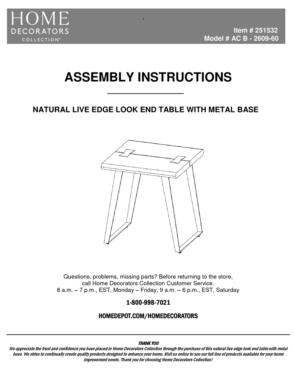 HOME DECORATORS COLLECTION AC B 260960 ASSEMBLY INSTRUCTIONS MANUAL