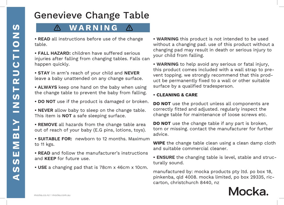 MOCKA GENEVIEVE CHANGE TABLE ASSEMBLY INSTRUCTIONS MANUAL Pdf Download