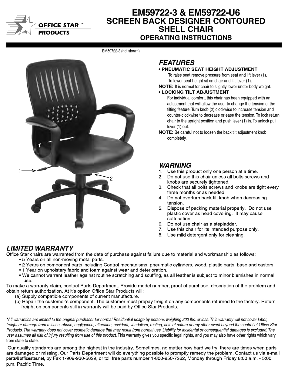 OFFICE STAR PRODUCTS EM597223 OPERATING INSTRUCTIONS Pdf Download