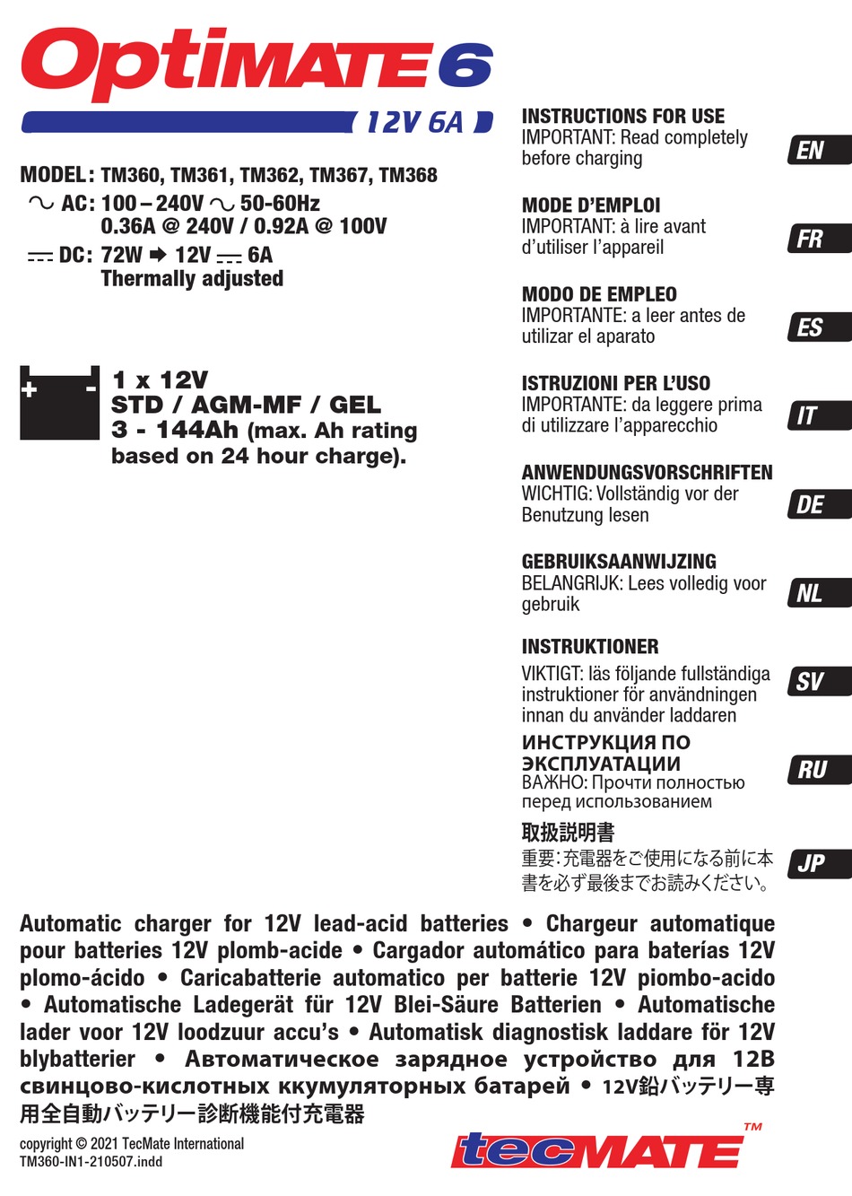 TECMATE OPTIMATE 6 TM360 INSTRUCTIONS FOR USE MANUAL Pdf Download ManualsLib