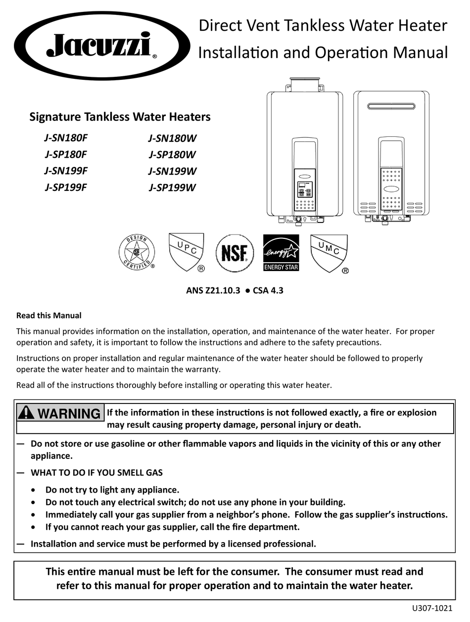 JACUZZI JSN180W INSTALLATION AND OPERATION MANUAL Pdf Download