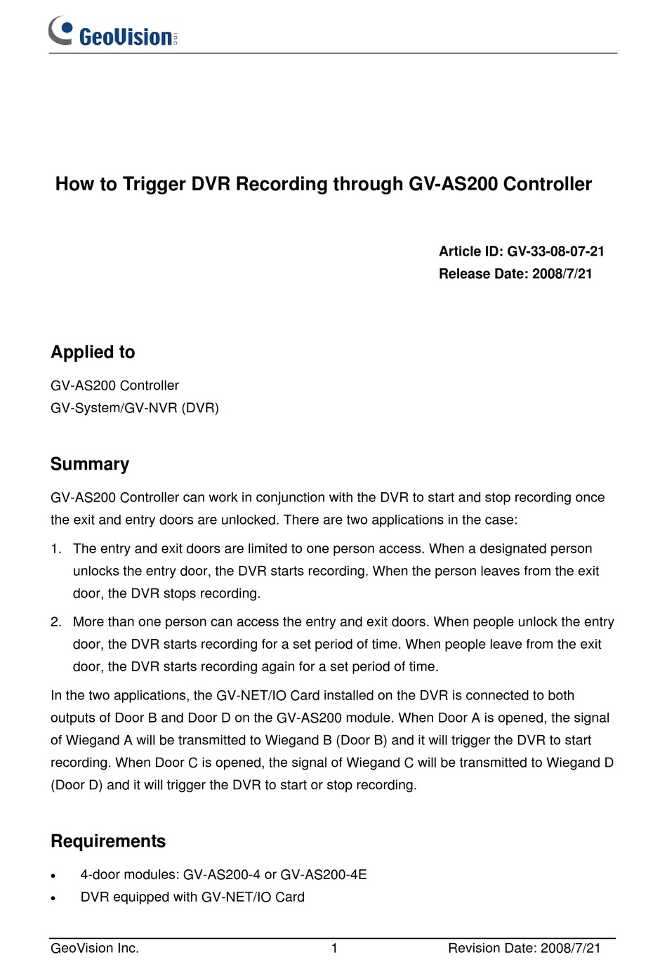 GEOVISION GVAS200 QUICK START MANUAL Pdf Download ManualsLib