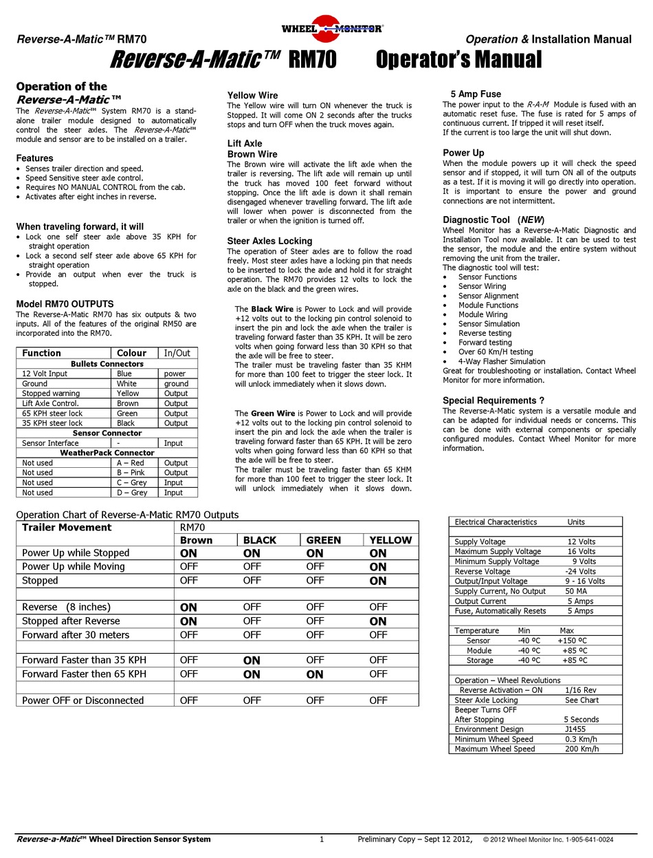 WHEEL MONITOR REVERSEAMATIC RM70 OPERATOR'S MANUAL Pdf Download