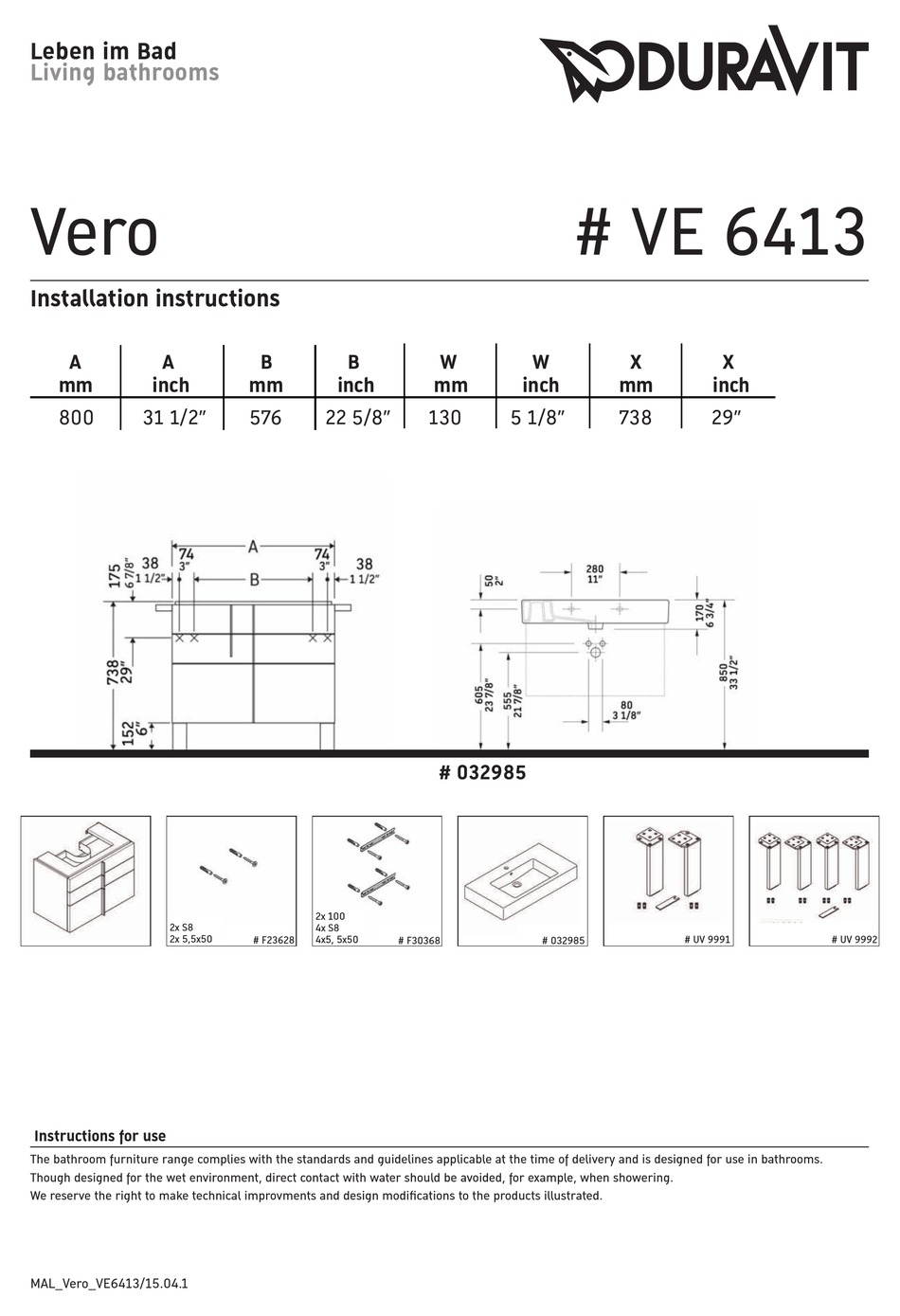 DURAVIT VERO VE 6413 INSTALLATION INSTRUCTIONS MANUAL Pdf Download