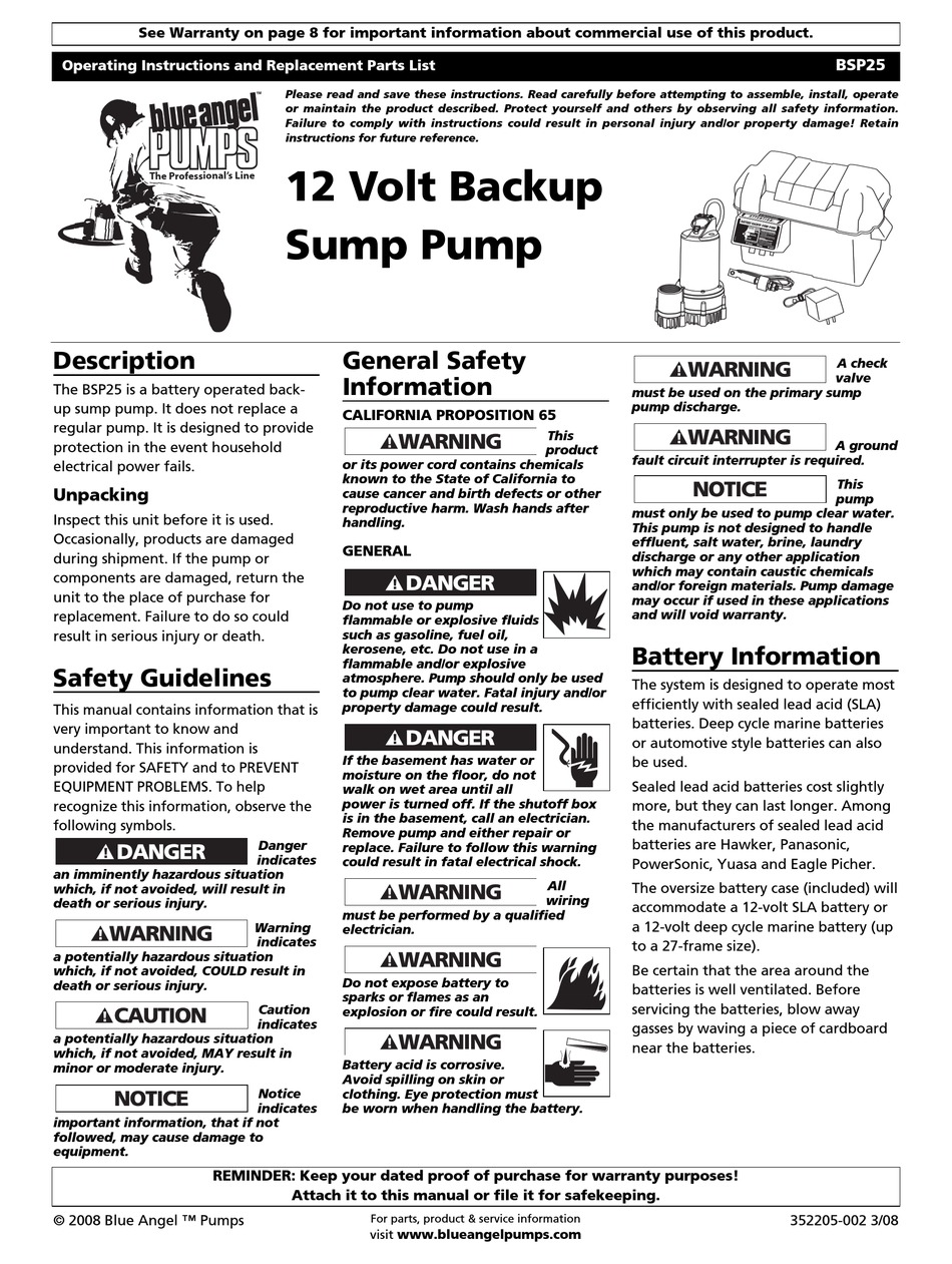 BLUE ANGEL PUMPS BSP25 OPERATING INSTRUCTIONS AND REPLACEMENT PARTS