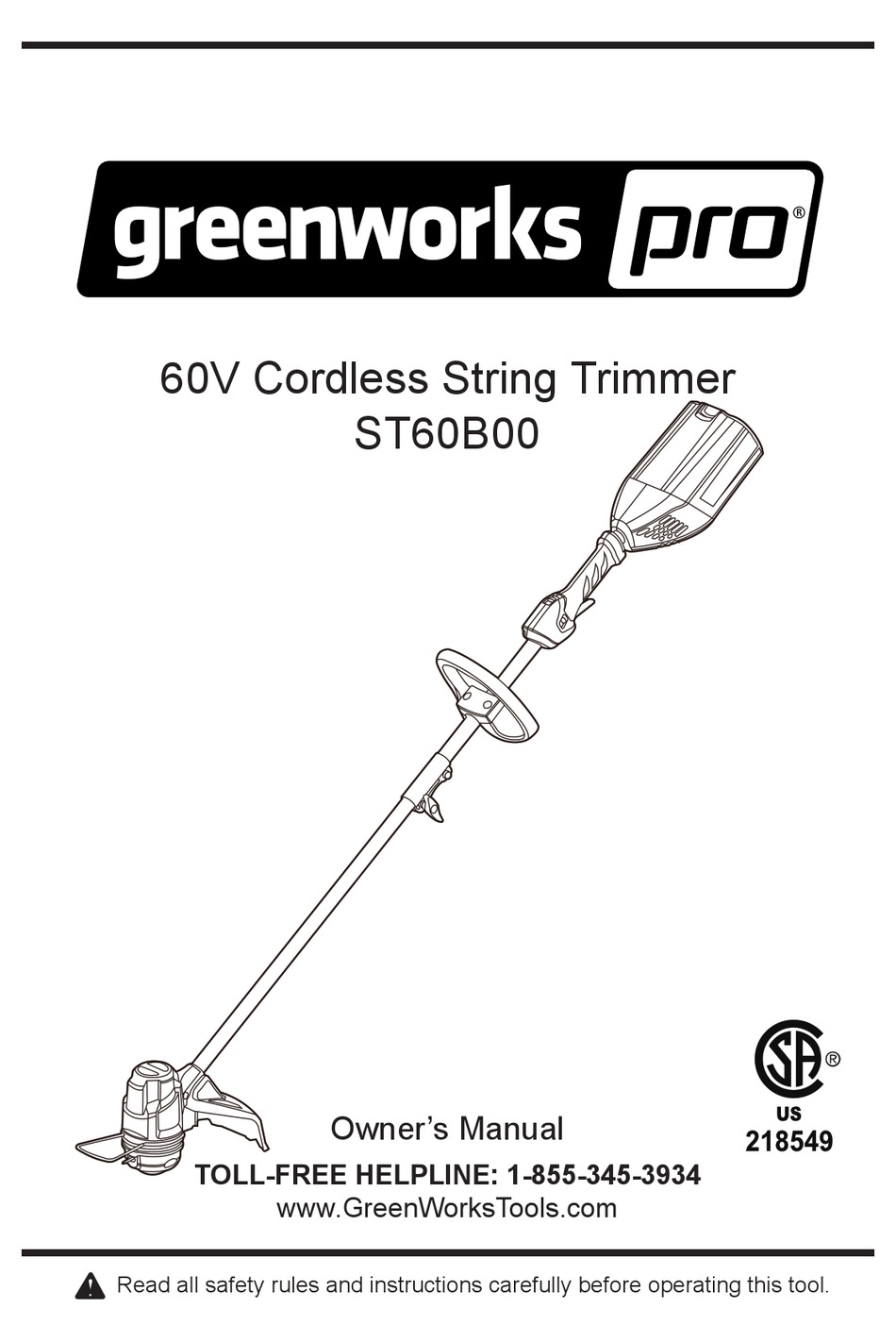 GREENWORKS PRO ST60B00 OWNER