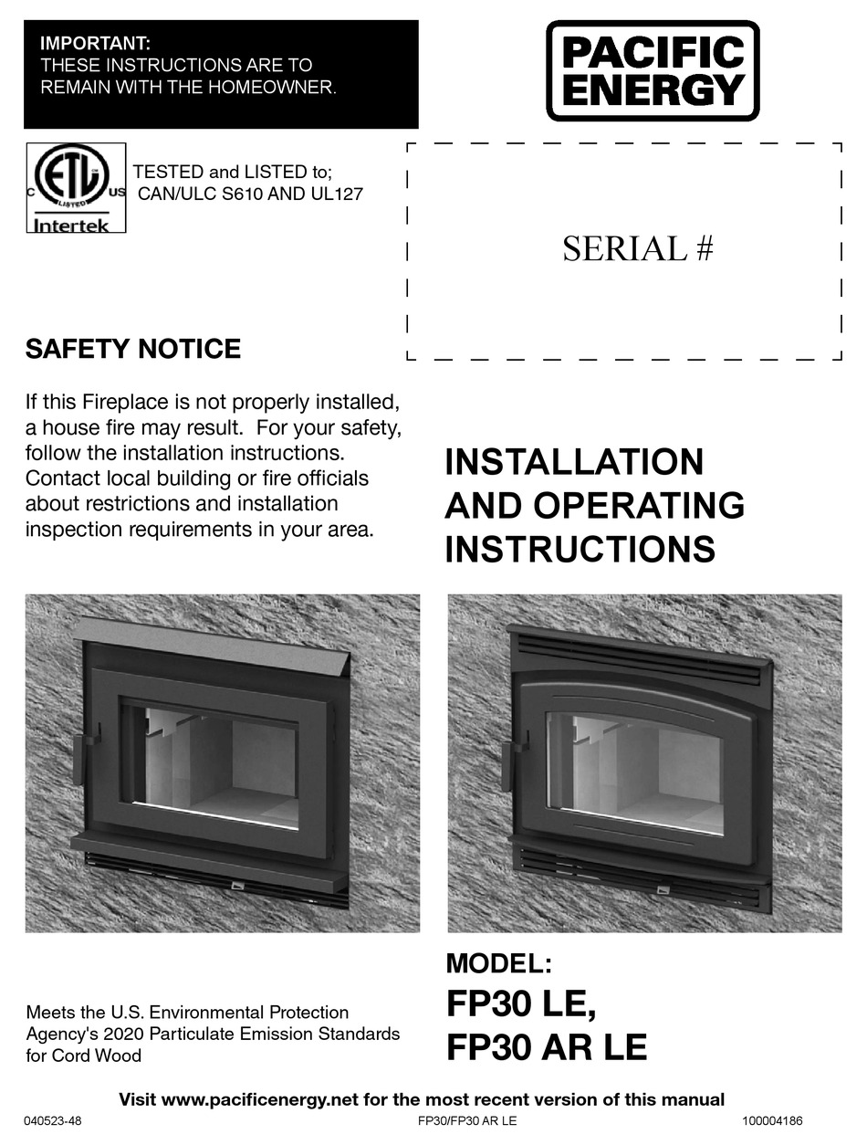 PACIFIC ENERGY FP30 LE INSTALLATION AND OPERATING INSTRUCTIONS MANUAL