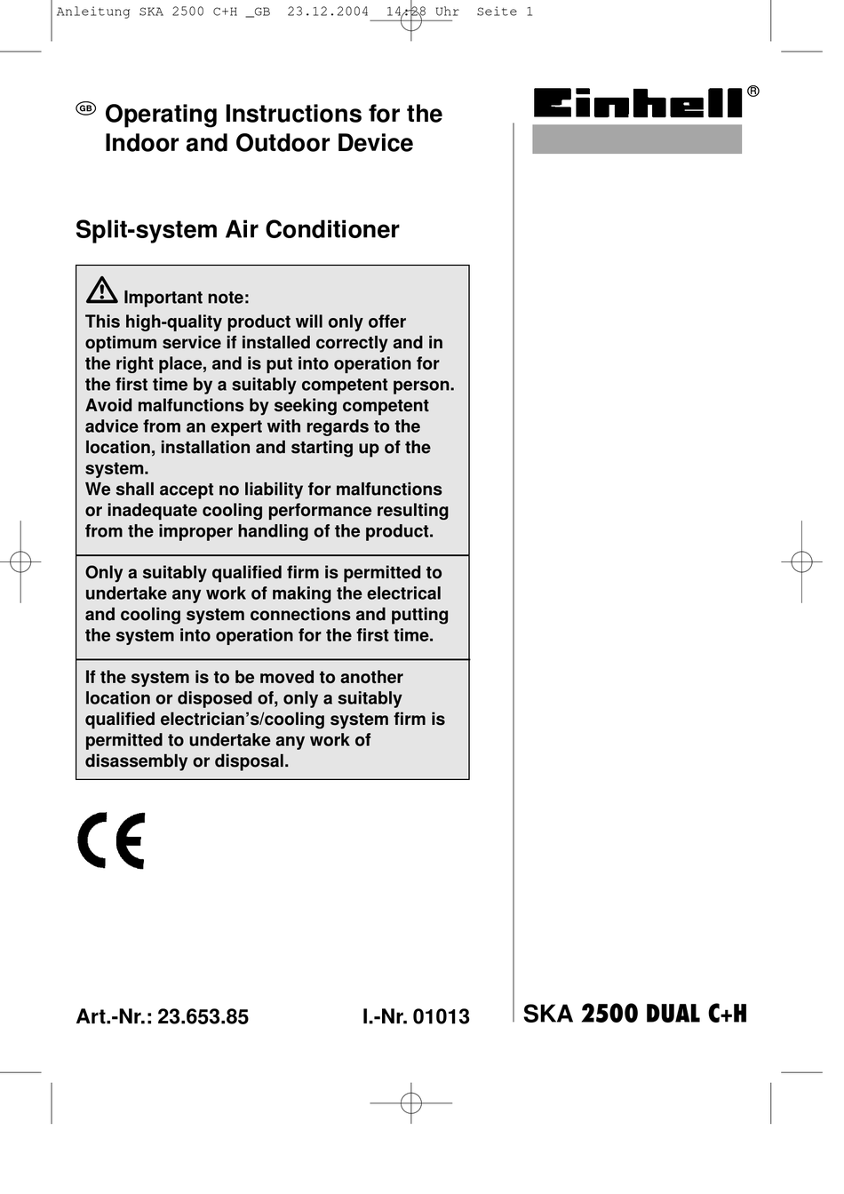 EINHELL SKA 2500 DUAL C+H OPERATING INSTRUCTIONS MANUAL Pdf Download ...